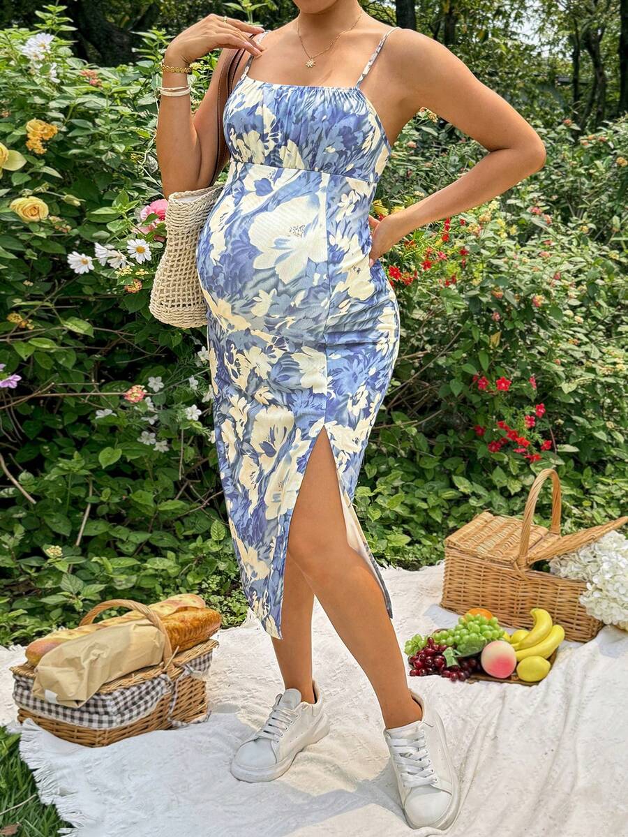 Maternity Floral Print Side Slit Hem Casual Sleeveless Dress For Vacation