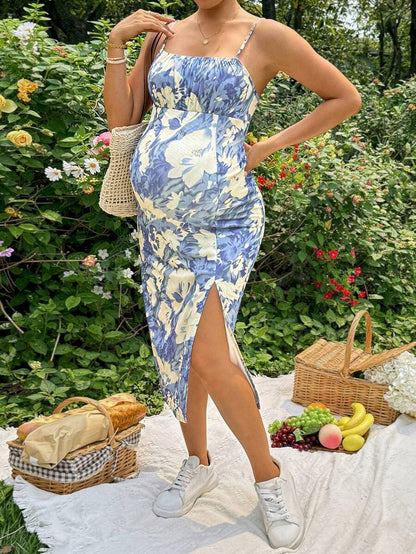Maternity Floral Print Side Slit Hem Casual Sleeveless Dress For Vacation