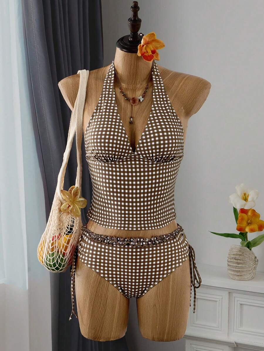 Women's 2-Piece Polka Dot Bikini Set - Ruffle Trim, Halter, Cropped Top, Black