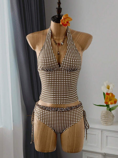 Women's 2-Piece Polka Dot Bikini Set - Ruffle Trim, Halter, Cropped Top, Black