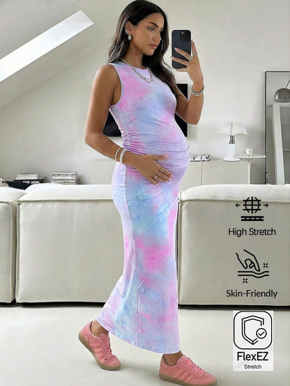 Multicolor Tie-Dye Sleeveless Maternity Tank Dress Padded Slim Fit Round Neck Knit Maxi Pencil Dress for Casual Vacation or Office Wear