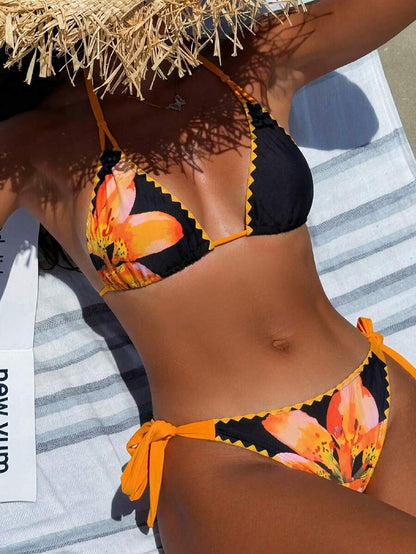 Swim Vcay Women's Tropical Plant Print Halter Neck Tie Sexy Bikini Set For Summer Beach, Random Print