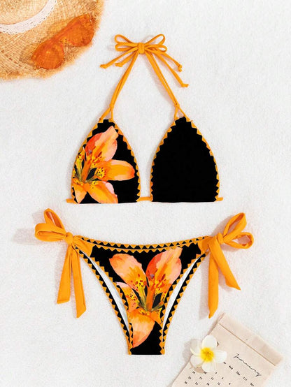 Swim Vcay Women's Tropical Plant Print Halter Neck Tie Sexy Bikini Set For Summer Beach, Random Print