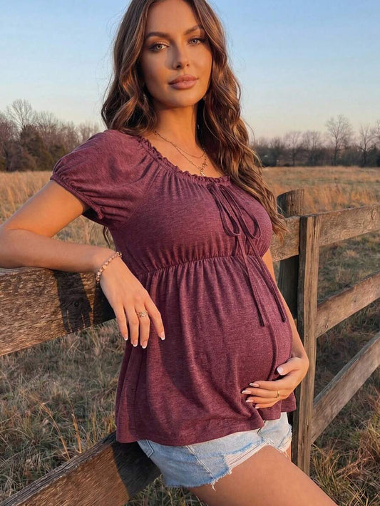 Burgundy Scoop Neck Puff Sleeve Maternity T-Shirt - Slim Fit Ruffle Trim Short Sleeve Knit Top for Office and Casual Wear
