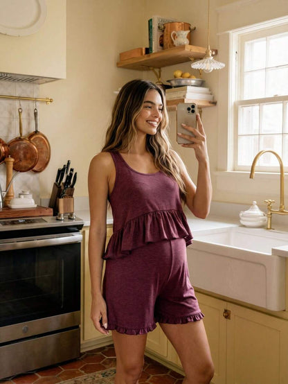 2 Piece Maternity Casual Camisole and Frill Trim Shorts Set Redwood Slim Fit Medium Stretch Lingerie Loungewear Pajama Set