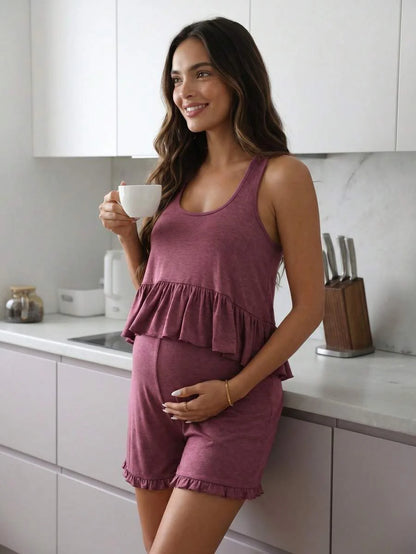 2 Piece Maternity Casual Camisole and Frill Trim Shorts Set Redwood Slim Fit Medium Stretch Lingerie Loungewear Pajama Set