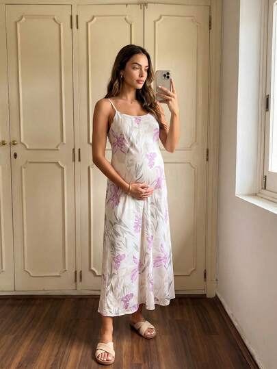 Multicolor Floral Print Maternity Cami Dress - Boho Spaghetti Strap Midi Nightgown and Beach Vacation Loungewear