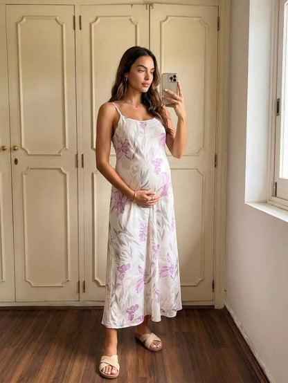 Multicolor Floral Print Maternity Cami Dress - Boho Spaghetti Strap Midi Nightgown and Beach Vacation Loungewear