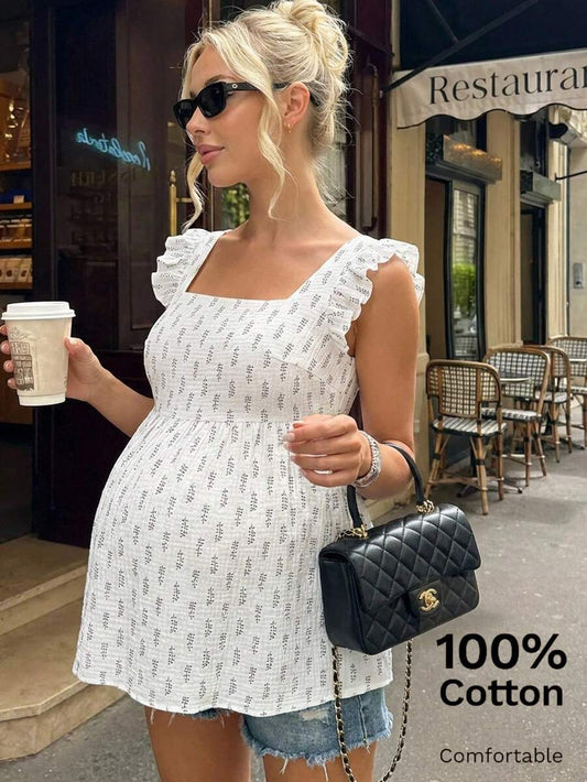 White Floral Print Maternity Peplum Top - Boho Sleeveless Straps Ruffle Hem Shirt - 100% Cotton Longline Summer Beach Top