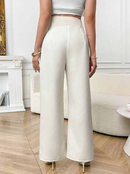 Adjustable Ultra High Waist Maternity Wide Leg Pants - Apricot Straight Leg Office Trousers for Pregnant Women - Loose Fit Winter Woven Pants