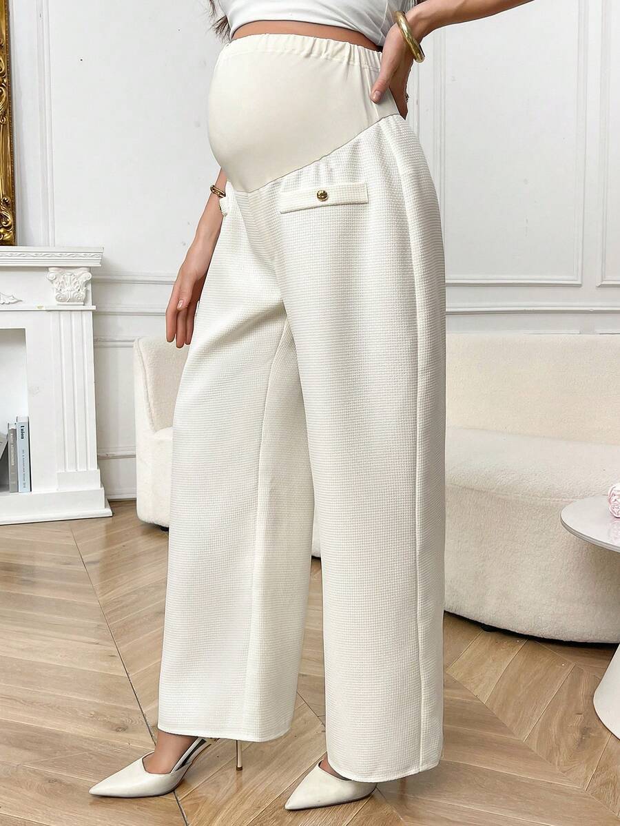 Adjustable Ultra High Waist Maternity Wide Leg Pants - Apricot Straight Leg Office Trousers for Pregnant Women - Loose Fit Winter Woven Pants