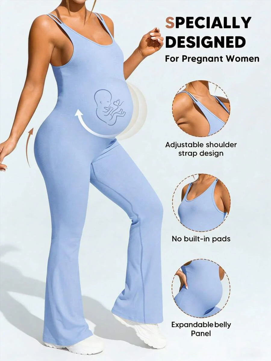 Baby Blue Maternity High Stretch Flared Jumpsuit - Backless Scoop Neck Sleeveless Skinny Fit One Piece - Adjustable Strap Maternity Activewear