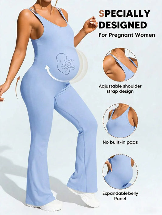 Baby Blue Maternity High Stretch Flared Jumpsuit - Backless Scoop Neck Sleeveless Skinny Fit One Piece - Adjustable Strap Maternity Activewear