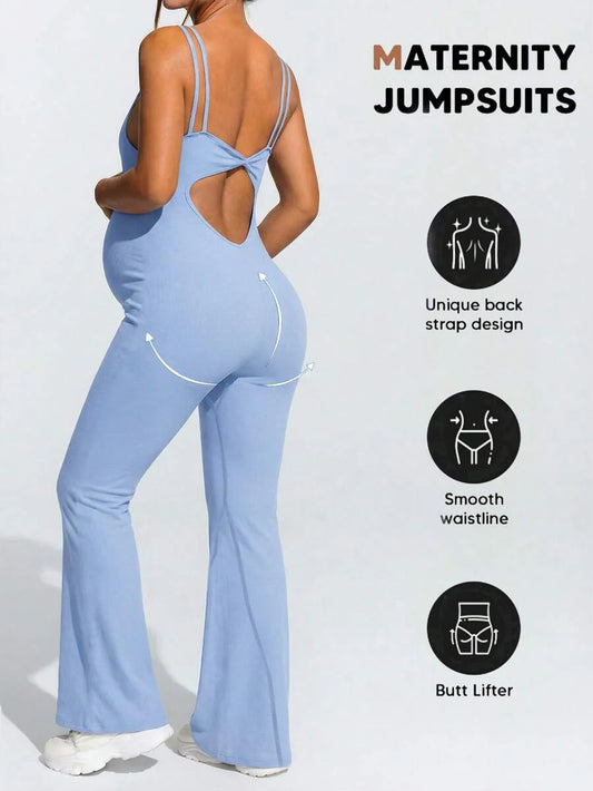 Baby Blue Maternity High Stretch Flared Jumpsuit - Backless Scoop Neck Sleeveless Skinny Fit One Piece - Adjustable Strap Maternity Activewear