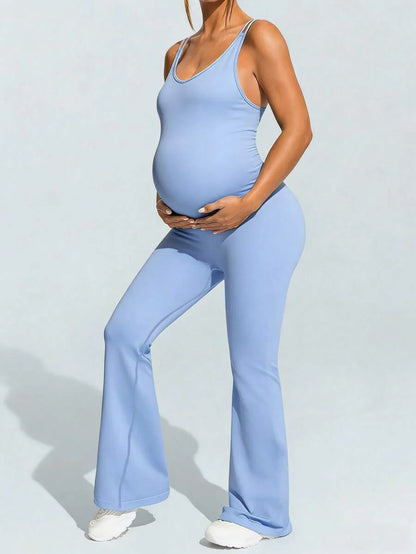 Baby Blue Maternity High Stretch Flared Jumpsuit - Backless Scoop Neck Sleeveless Skinny Fit One Piece - Adjustable Strap Maternity Activewear