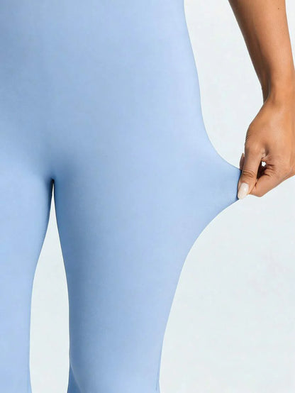 Baby Blue Maternity High Stretch Flared Jumpsuit - Backless Scoop Neck Sleeveless Skinny Fit One Piece - Adjustable Strap Maternity Activewear