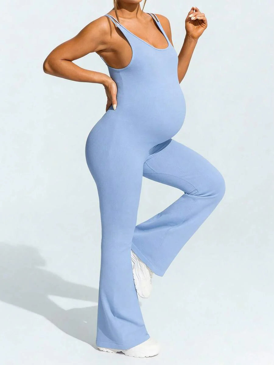 Baby Blue Maternity High Stretch Flared Jumpsuit - Backless Scoop Neck Sleeveless Skinny Fit One Piece - Adjustable Strap Maternity Activewear