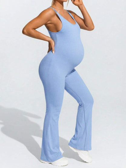 Baby Blue Maternity High Stretch Flared Jumpsuit - Backless Scoop Neck Sleeveless Skinny Fit One Piece - Adjustable Strap Maternity Activewear