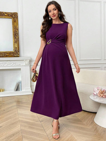 Elegant Maternity Summer Dress - Sleeveless Red Violet A-Line Long Maxi Dress with High Waist Metal Buckle
