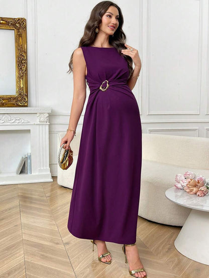 Elegant Maternity Summer Dress - Sleeveless Red Violet A-Line Long Maxi Dress with High Waist Metal Buckle