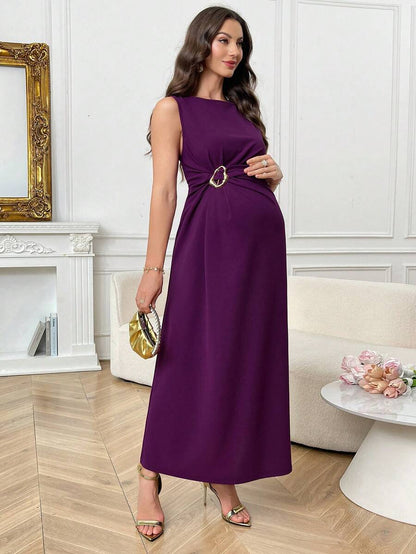 Elegant Maternity Summer Dress - Sleeveless Red Violet A-Line Long Maxi Dress with High Waist Metal Buckle