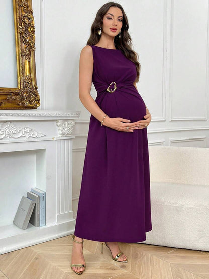 Elegant Maternity Summer Dress - Sleeveless Red Violet A-Line Long Maxi Dress with High Waist Metal Buckle