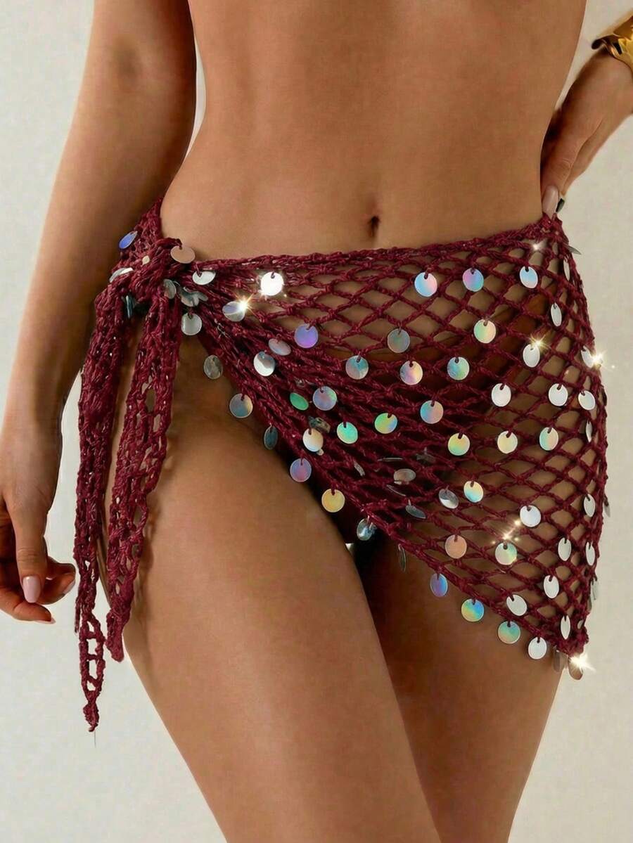 Swim Vcay Women's Crochet Sequin Laser Sheer Sarong Skirt, Suitable For Beach Holiday, Resort, Party, Music Festival Holiday Gold Summer