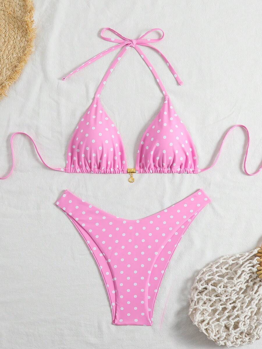Swim Vcay Swim Mod Summer 2pcs Halter Random Floral Print & High Cut Bottoms Bikini Set, Beach Vacation