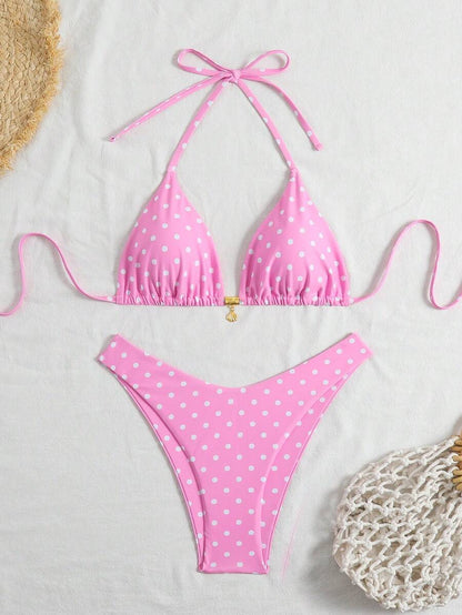 Swim Vcay Swim Mod Summer 2pcs Halter Random Floral Print & High Cut Bottoms Bikini Set, Beach Vacation