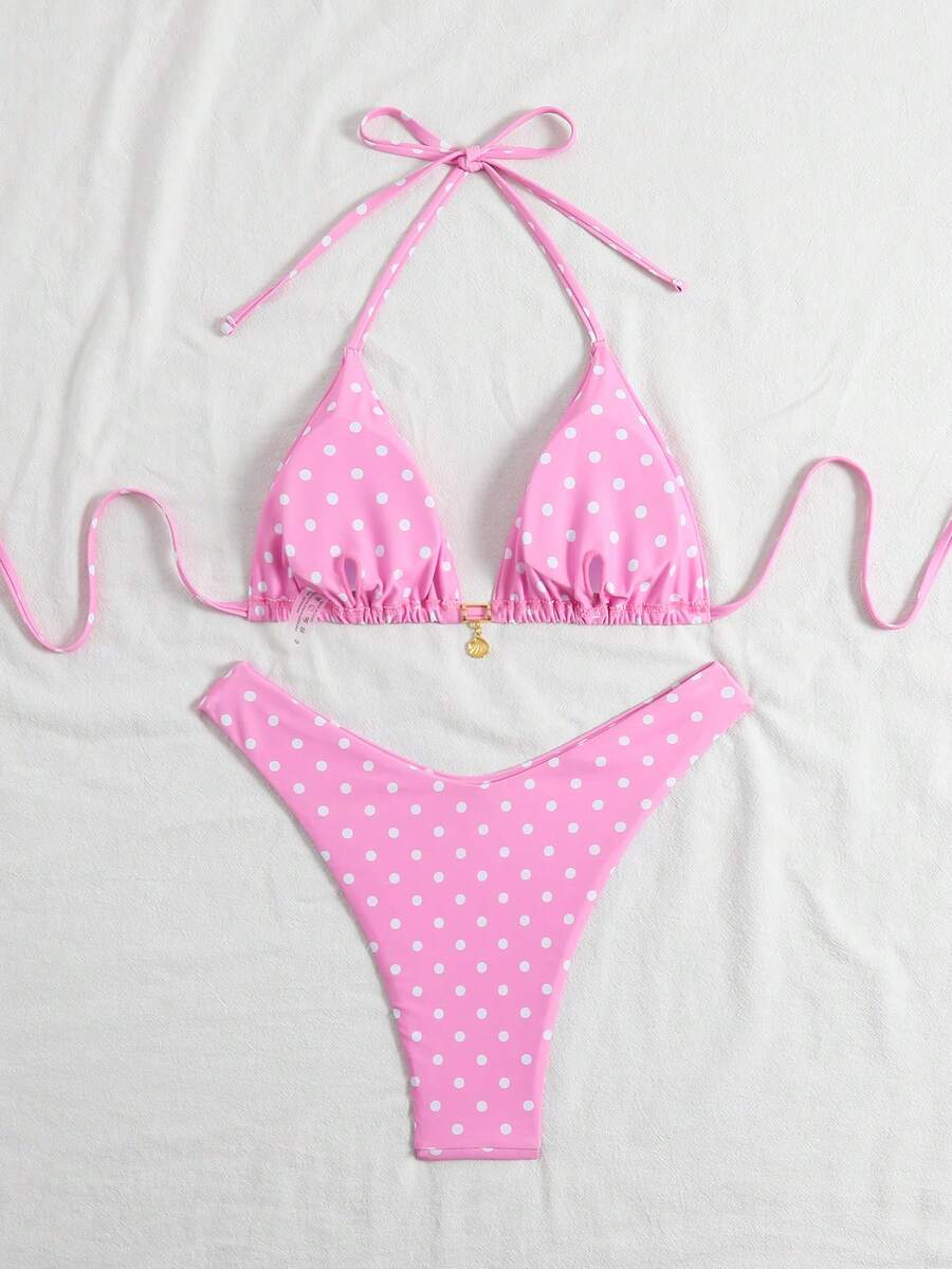 Swim Vcay Swim Mod Summer 2pcs Halter Random Floral Print & High Cut Bottoms Bikini Set, Beach Vacation
