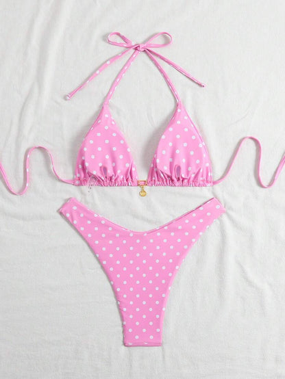 Swim Vcay Swim Mod Summer 2pcs Halter Random Floral Print & High Cut Bottoms Bikini Set, Beach Vacation