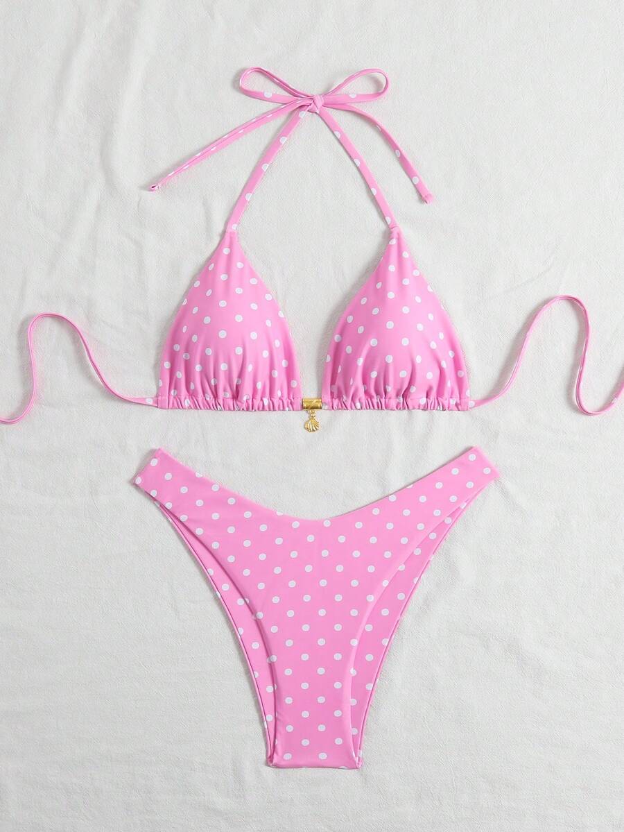 Swim Vcay Swim Mod Summer 2pcs Halter Random Floral Print & High Cut Bottoms Bikini Set, Beach Vacation
