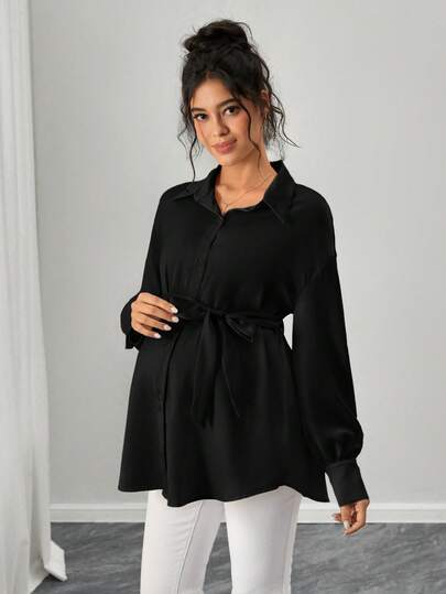 Maternity Casual Shirt - Shirt Collar, Single Breasted, Drop Shoulder, Oversized, Black