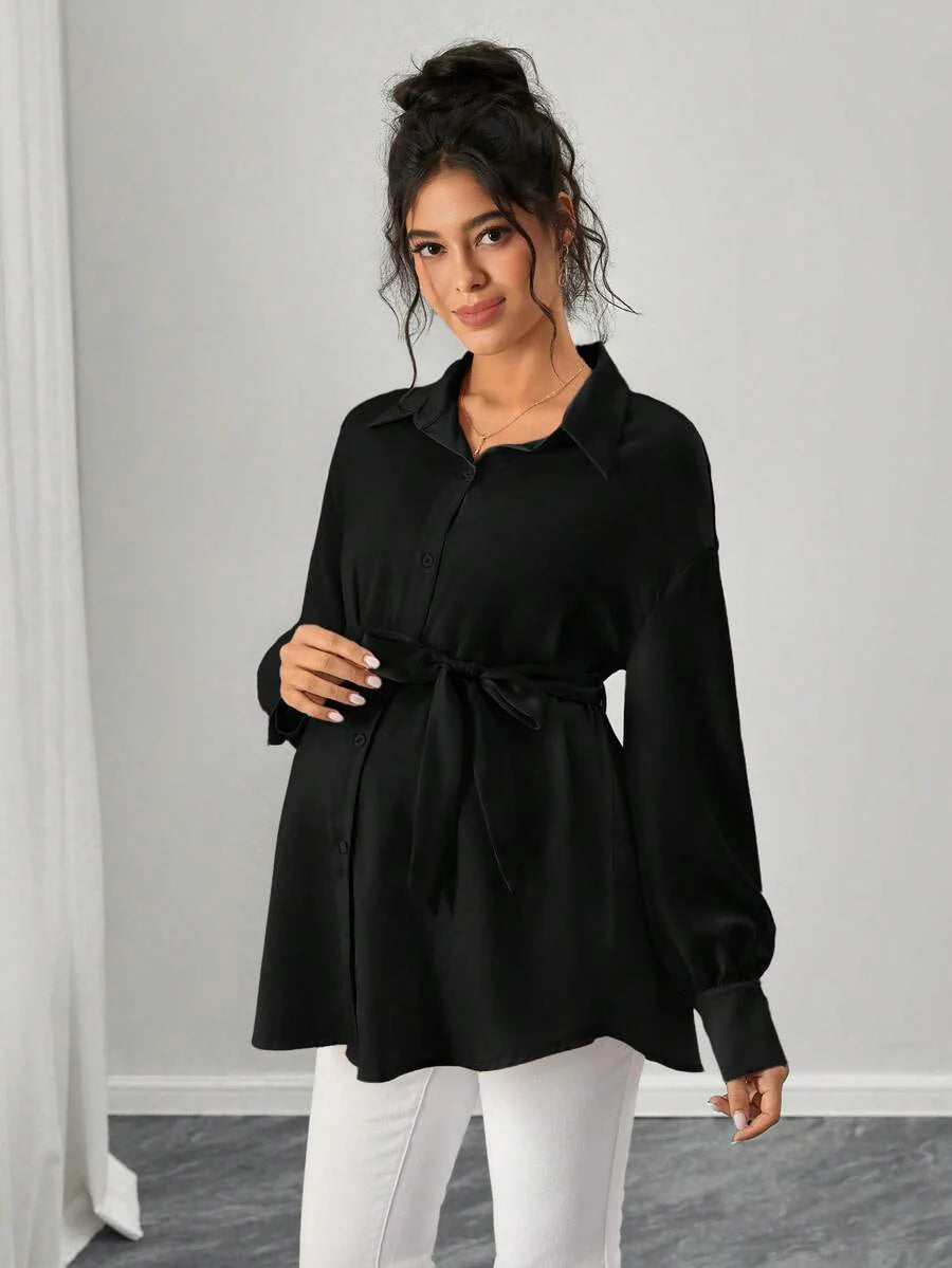 Maternity Casual Shirt - Shirt Collar, Single Breasted, Drop Shoulder, Oversized, Black