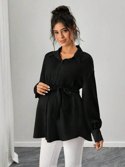 Maternity Casual Shirt - Shirt Collar, Single Breasted, Drop Shoulder, Oversized, Black