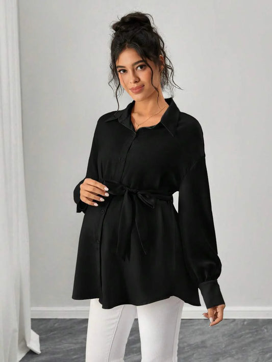 Maternity Casual Shirt - Shirt Collar, Single Breasted, Drop Shoulder, Oversized, Black