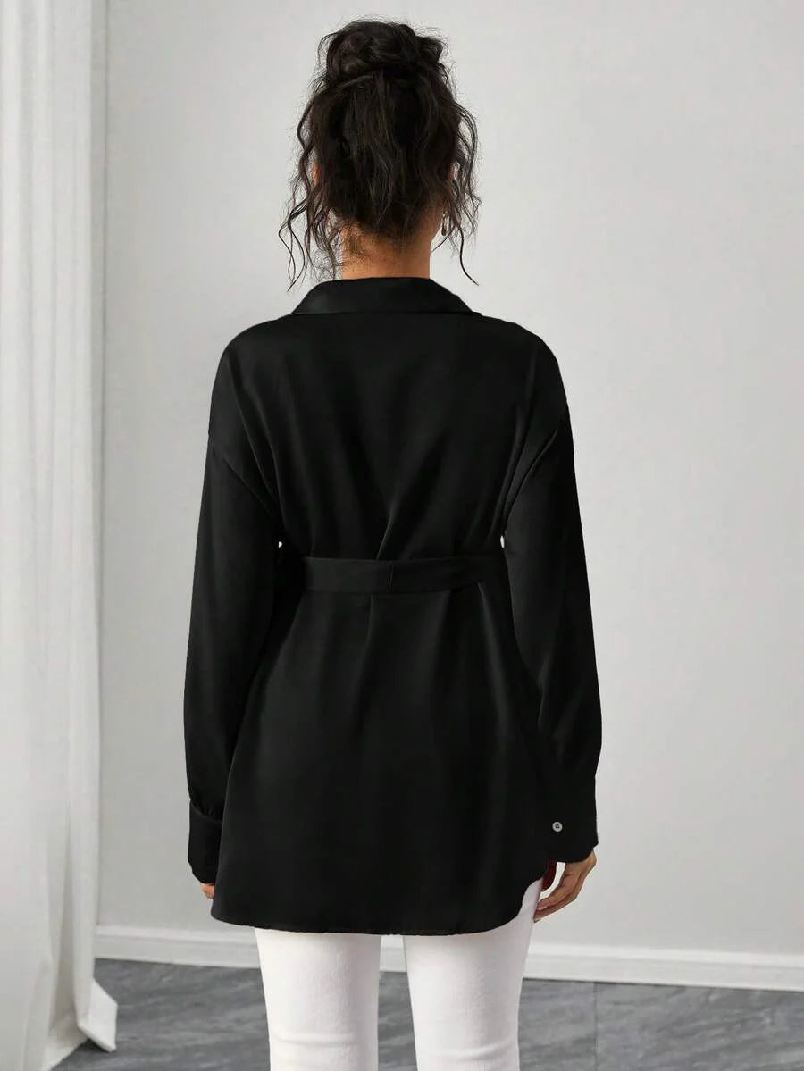 Maternity Casual Shirt - Shirt Collar, Single Breasted, Drop Shoulder, Oversized, Black