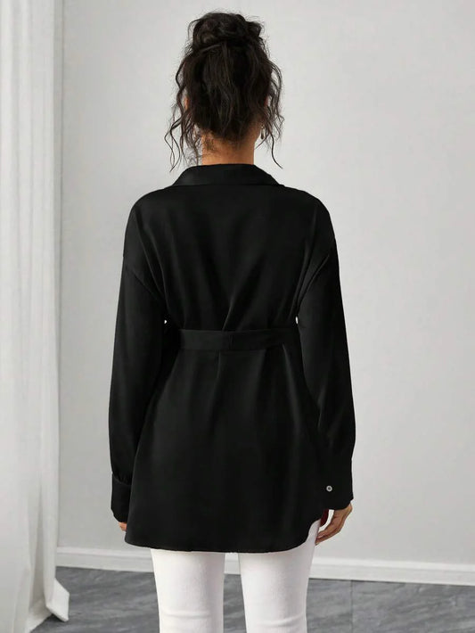 Maternity Casual Shirt - Shirt Collar, Single Breasted, Drop Shoulder, Oversized, Black