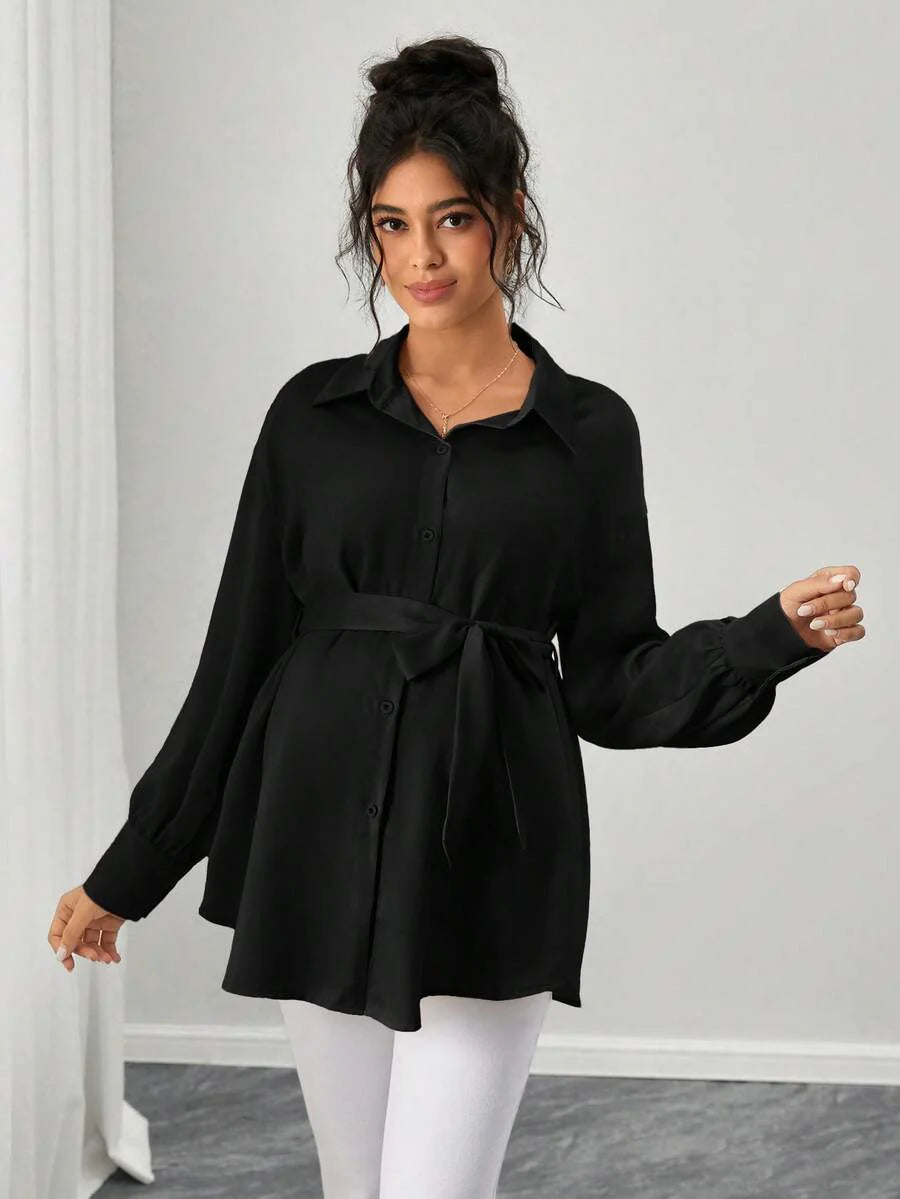 Maternity Casual Shirt - Shirt Collar, Single Breasted, Drop Shoulder, Oversized, Black