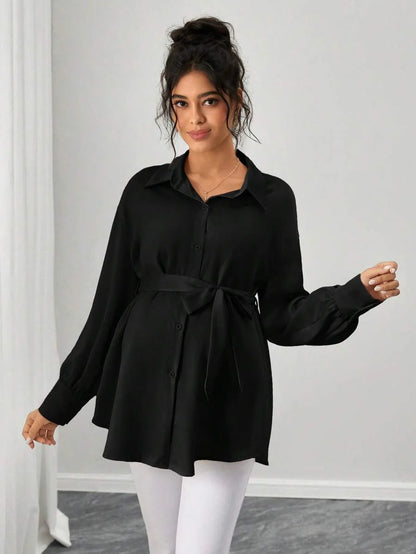 Maternity Casual Shirt - Shirt Collar, Single Breasted, Drop Shoulder, Oversized, Black