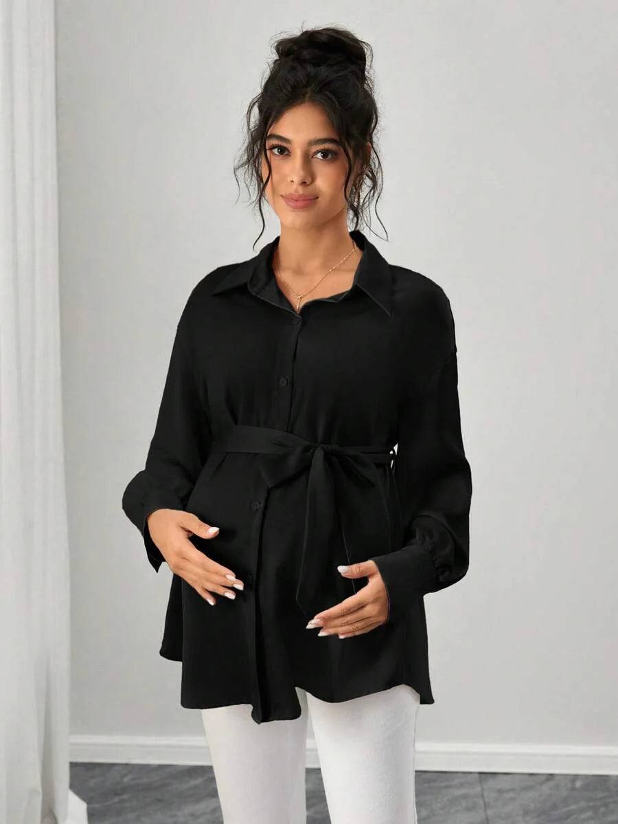 Maternity Casual Shirt - Shirt Collar, Single Breasted, Drop Shoulder, Oversized, Black