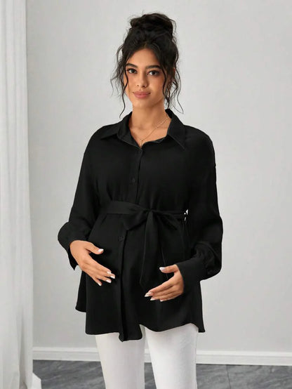Maternity Casual Shirt - Shirt Collar, Single Breasted, Drop Shoulder, Oversized, Black