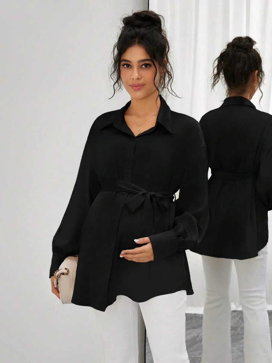 Maternity Casual Shirt - Shirt Collar, Single Breasted, Drop Shoulder, Oversized, Black
