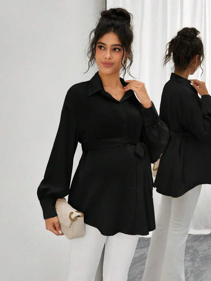 Maternity Casual Shirt - Shirt Collar, Single Breasted, Drop Shoulder, Oversized, Black