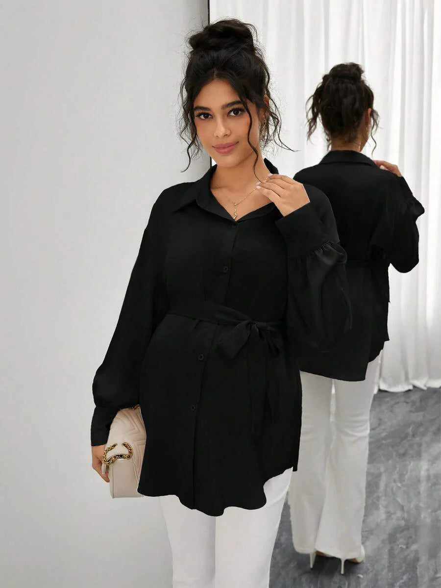 Maternity Casual Shirt - Shirt Collar, Single Breasted, Drop Shoulder, Oversized, Black