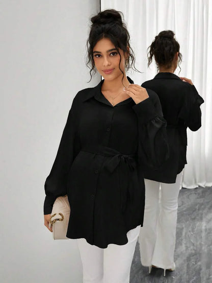 Maternity Casual Shirt - Shirt Collar, Single Breasted, Drop Shoulder, Oversized, Black