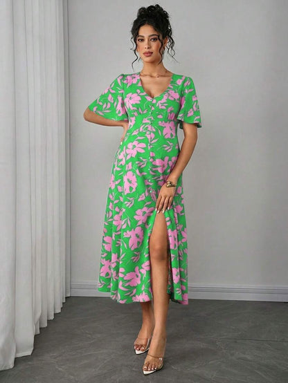 Maternity Floral A-Line Long Dress - Deep V Neck, Puff Half Sleeve, Slit Hem, Loose Fit, Hot Pink