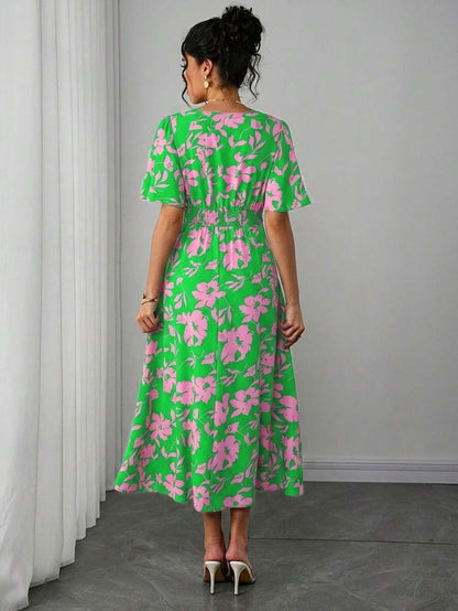 Maternity Floral A-Line Long Dress - Deep V Neck, Puff Half Sleeve, Slit Hem, Loose Fit, Hot Pink