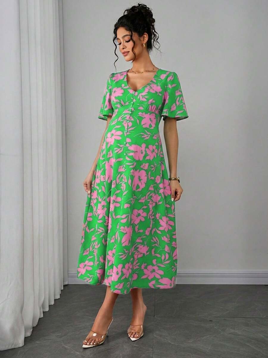 Maternity Floral A-Line Long Dress - Deep V Neck, Puff Half Sleeve, Slit Hem, Loose Fit, Hot Pink