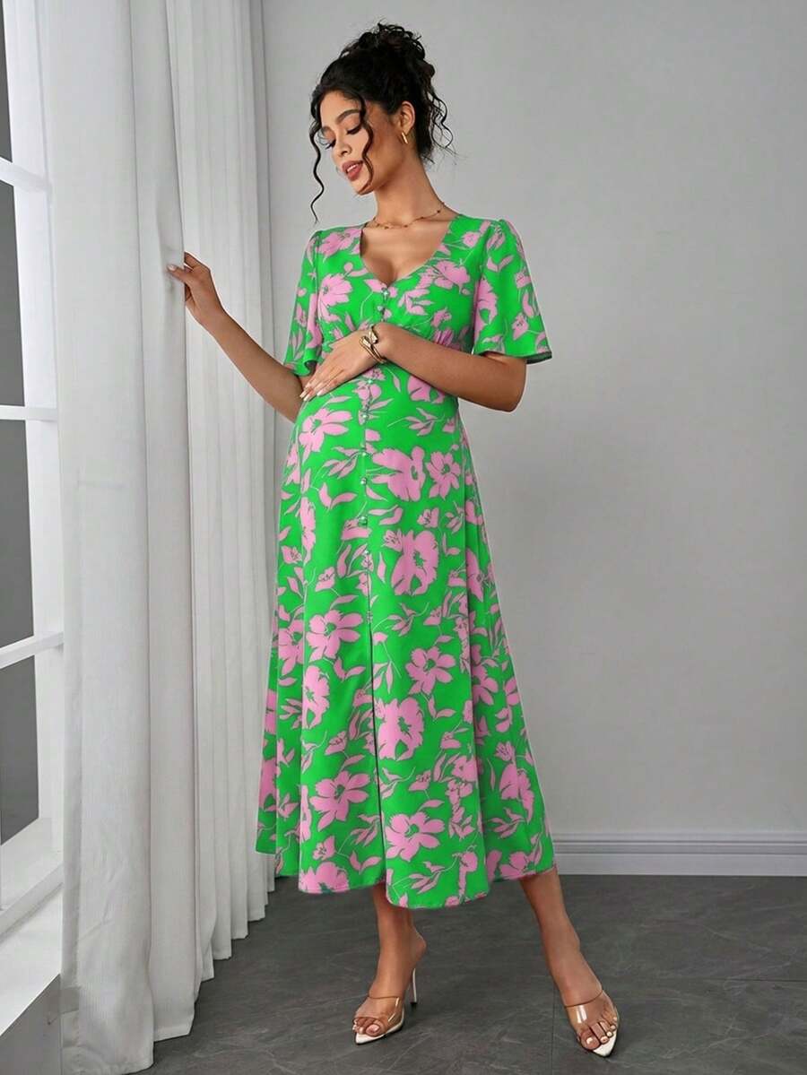 Maternity Floral A-Line Long Dress - Deep V Neck, Puff Half Sleeve, Slit Hem, Loose Fit, Hot Pink